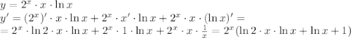 y=2^x\cdot x\cdot \ln x
\\\
y'=(2^x)'\cdot x\cdot \ln x+2^x\cdot x'\cdot \ln x+2^x\cdot x\cdot (\ln x)'=
\\\
=2^x\cdot\ln2\cdot x\cdot \ln x+2^x\cdot 1\cdot \ln x+2^x\cdot x\cdot \frac{1}{x}=
2^x(\ln2\cdot x\cdot \ln x+ \ln x+1)