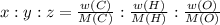x:y:z= \frac{w(C)}{M(C)}: \frac{w(H)}{M(H)}: \frac{w(O)}{M(O)}