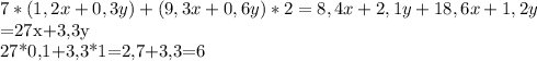 7*(1,2x+0,3y)+(9,3x+0,6y)*2 =8,4x+2,1y+18,6x+1,2y

=27x+3,3y 

27*0,1+3,3*1=2,7+3,3=6