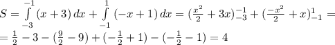 S= \int\limits^{-1}_{-3} {(x+3)} \, dx+ \int\limits^{1}_{-1} {(-x+1)} \, dx
= ( \frac{ x^{2} }{2}+3x)^{-1}_{-3} + (\frac{ -x^{2} }{2}+x)^{1}_{-1} = \\ = \frac{1}{2} -3-( \frac{9}{2} -9)+(- \frac{1}{2}+1)-(- \frac{1}{2} -1)=4
