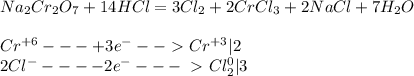Na _{2} Cr _{2} O _{7} + 14HCl = 3Cl _{2} + 2CrCl _{3} + 2NaCl + 7H _{2} O \\ \\ 
Cr ^{+6} --- +3e ^{-} --\ \textgreater \ Cr ^{+3} | 2 \\ 
2Cl ^{-} --- -2e ^{-} ---\ \textgreater \ Cl _{2} ^{0} | 3
