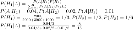 P(H_1|A)=\frac{P(A|H_1)P(H_1)}{\sum^3_{i=1}P(A|H_i)P(H_i)} \\
P(A|H_1)=0.04, P(A|H_2)=0.02, P(A|H_3)=0.01 \\
P(H_1)=\frac{2000}{2000+3000+1000}=1/3, P(H_2)=1/2, P(H_3)=1/6\\
P(H_1|A)=\frac{0.04/3}{0.04/3+0.02/2+0.01/6}= \frac{8}{15}