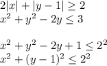 2|x|+|y-1| \geq 2\\
 x^2+y^2-2y \leq 3 \\
\\
 x^2+y^2-2y+1 \leq 2^2 \\
 x^2+(y-1)^2 \leq 2 ^2