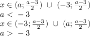 x \in (a ; \frac{a-3}{2}) \ \cup \ ( -3 ; \frac{a-3}{2} ) \\
 a\ \textless \ -3\\
 x \in (-3 ; \frac{a-3}{2}) \ \cup \ ( a ; \frac{a-3}{2} ) \\
 a\ \textgreater \ -3