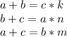 a+b=c*k\\
 b+c=a*n\\
 a+c=b*m\\\\
