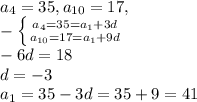 a_{4} =35, a_{10}=17,
 \\ -\left \{ {{ a_{4} =35= a_{1}+3d } \atop { a_{10}=17 = a_{1}+9d }} \right. \\ -6d=18 \\ d=-3 \\ a_{1}=35-3d=35+9=41