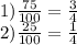 1) \frac{75}{100}= \frac{3}{4} \\ 
2) \frac{25}{100}= \frac{1}{4} \\ 
