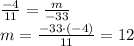 \frac{-4}{11}=\frac{m}{-33}\\
m=\frac{-33\cdot (-4)}{11}=12