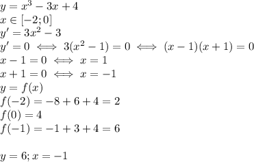y=x^3-3x+4 \\ x\in [-2;0] \\ 
y'=3x^2-3 \\ 
y'=0 \iff 3(x^2-1)=0 \iff (x-1)(x+1)=0 \\ 
x-1=0 \iff x=1 \\ 
x+1=0 \iff x=-1 \\ 
y=f(x) \\ 
f(-2)=-8+6+4=2 \\ 
f(0)=4 \\ 
f(-1)=-1+3+4=6 \\ \\ 
y=6;x=-1
