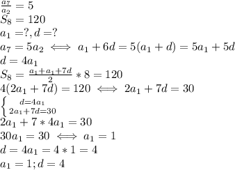 \frac{a_7}{a_2}=5 \\ 
S_8=120 \\ 
a_1=?,d=? \\ 
a_7=5a_2 \iff a_1+6d=5(a_1+d)=5a_1+5d \\ 
d=4a_1 \\ 
S_8= \frac{a_1+a_1+7d}{2}*8=120 \\ 
4(2a_1+7d)=120 \iff 2a_1+7d=30 \\ 
 \left \{ {{d=4a_1} \atop {2a_1+7d=30}} \right. \\ 
2a_1+7*4a_1=30 \\ 
30a_1=30 \iff a_1=1 \\ 
d=4a_1=4*1=4 \\ 
a_1=1;d=4