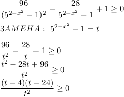 \dfrac{96}{(5^{2-x^2}-1)^2}-\dfrac{28}{5^{2-x^2}-1}+1 \geq 0 \\ \\3AMEHA:\ 5^{2-x^2}-1=t\\ \\ 
\dfrac{96}{t^2}-\dfrac{28}{t}+1 \geq 0\\ \dfrac{t^2-28t+96}{t^2} \geq 0\\ \dfrac{(t-4)(t-24)}{t^2} \geq 0
