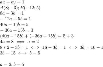 ax+by=1 \\ A(8;-3);B(-12;5) \\ 
8a-3b=1 \\ -12a+5b=1 \\ 
40a-15b=5 \\ 
-36a+15b=3 \\ 
(40a-15b)+(-36a+15b)=5+3 \\ 
4a=8 \iff a=2 \\ 
8*2-3b=1 \iff 16-3b=1 \iff 3b=16-1 \\ 
3b=15 \iff b=5 \\ \\ 
a=2;b=5