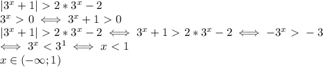 |3^x+1|\ \textgreater \ 2*3^x-2 \\ 
3^x\ \textgreater \ 0 \iff 3^x+1\ \textgreater \ 0 \\ 
|3^x+1|\ \textgreater \ 2*3^x-2 
\iff 3^x+1\ \textgreater \ 2*3^x-2
\iff -3^x\ \textgreater \ -3 \\ 
\iff 3^x\ \textless \ 3^1 \iff x\ \textless \ 1 \\ 
x\in (-\infty;1) \\