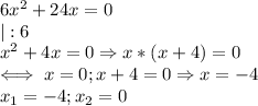 6x^2+24x=0 \\ 
|:6 \\ 
x^2+4x=0\Rightarrow x*(x+4)=0 \\ 
\iff x=0;x+4=0 \Rightarrow x=-4 \\ 
x_1=-4;x_2=0