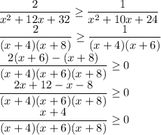 \dfrac{2}{x^2+12x+32} \geq \dfrac{1}{x^2+10x+24} \\
\dfrac{2}{(x+4)(x+8)} \geq \dfrac{1}{(x+4)(x+6)} \\ \dfrac{2(x+6)-(x+8)}{(x+4)(x+6)(x+8)} \geq 0\\ 
\dfrac{2x+12-x-8}{(x+4)(x+6)(x+8)} \geq 0\\ \dfrac{x+4}{(x+4)(x+6)(x+8)} \geq 0