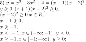5)\ y=x^3-3x^2+4=(x+1)(x-2)^2, \\ y\gtrless0, (x+1)(x-2)^2\gtrless0, \\
(x-2)^2\geq0 \ x\in R, \\ x+1\gtrless0, \\ x\gtrless-1, \\ 
x\ \textless \ -1, x\in(-\infty;-1) \ \ y\ \textless \ 0, \\ x \geq -1, x\in[-1;+\infty) \ \ y \geq 0;