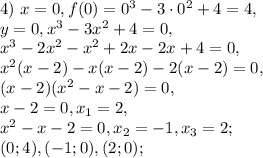 4) \ x=0, f(0)=0^3-3\cdot0^2+4=4, \\ 
y=0, x^3-3x^2+4=0, \\ x^3-2x^2-x^2+2x-2x+4=0, \\ x^2(x-2)-x(x-2)-2(x-2)=0, \\ (x-2)(x^2-x-2)=0, \\ 
x-2=0, x_1=2, \\ x^2-x-2=0, x_2=-1, x_3=2; \\ 
(0;4), (-1;0), (2;0);