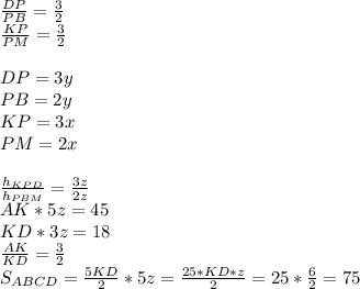\frac{DP}{PB} = \frac{3}{2} \\ \frac{KP}{PM} = \frac{3}{2} \\ \\ DP=3y\\ PB=2y\\ KP=3x\\ PM= 2x\\ \\ 
 \frac{h_{KPD}}{h_{PBM}} = \frac{3z}{2z} \\ AK*5z=45 \\ KD*3z = 18 \\ \frac{AK}{KD} = \frac{3}{2} \\ S_{ABCD} = \frac{5KD}{2}*5z = \frac{25*KD*z}{2} = 25*\frac{6}{2} = 75