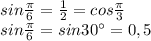 sin \frac{\pi}{6} = \frac{1}{2}=cos \frac{\pi}{3} \\ 
sin \frac{\pi}{6}=sin30^{\circ}=0,5