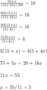 \frac{15+x}{(15+12x)/60}=16 \newline \newline
\frac{60(15+x)}{(15+12x)}=16 \newline \newline
\frac{20(15+x)}{(5+4x)}=16 \newline \newline
\frac{5(15+x)}{(5+4x)}=4 \newline \newline
5(15+x)=4(5+4x) \newline \newline
75+5x=20+16x \newline \newline
11x=55 \newline \newline
x=55/11=5