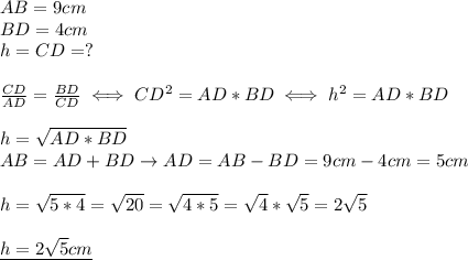 AB=9cm \\ 
BD=4cm \\ 
h=CD=? \\ \\ 
 \frac{CD}{AD}= \frac{BD}{CD} \iff 
CD^2=AD*BD\iff h^2=AD*BD \\ \\ 
h= \sqrt{AD*BD} \\ 
AB=AD+BD\rightarrow AD=AB-BD=9cm-4cm=5cm \\ \\ 
h= \sqrt{5*4}= \sqrt{20}= \sqrt{4*5}= \sqrt{4}* \sqrt{5}=2 \sqrt{5} \\ \\ 
\underline{h=2 \sqrt{5}cm} \\