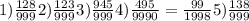 1) \frac{128}{999} 
2) \frac{123}{999}
3) \frac{945}{999} 
4) \frac{495}{9990} = \frac{99}{1998} 
5) \frac{138}{999}