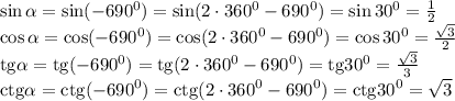 \sin\alpha=\sin(-690^0)=\sin(2\cdot360^0-690^0)=\sin30^0= \frac{1}{2} 
\\\
\cos\alpha=\cos(-690^0)=\cos(2\cdot360^0-690^0)=\cos30^0= \frac{ \sqrt{3} }{2} 
\\\
\mathrm{tg}\alpha=\mathrm{tg}(-690^0)=\mathrm{tg}(2\cdot360^0-690^0)=\mathrm{tg}30^0= \frac{ \sqrt{3} }{3} 
\\\
\mathrm{ctg}\alpha=\mathrm{ctg}(-690^0)=\mathrm{ctg}(2\cdot360^0-690^0)=\mathrm{ctg}30^0= \sqrt{3}