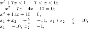 x^2 + 7x \ \textless \ 0; \ -7 \ \textless \ x \ \textless \ 0; \\
-x^2 - 7x - 4x - 10 = 0; \\
x^2+11x+10=0; \\
x_1+x_2=- \frac{b}{a}=-11; \ x_1*x_2= \frac{c}{a}= 10; \\
x_1=-10; \ x_2=-1; \\