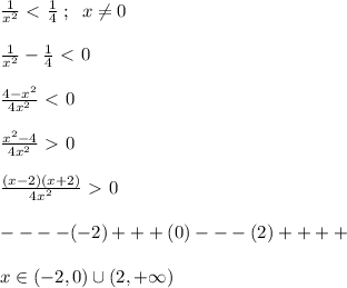 \frac{1}{x^2}\ \textless \ \frac{1}{4}\; ;\; \; x\ne 0\\\\\frac{1}{x^2}-\frac{1}{4}\ \textless \ 0\\\\\frac{4-x^2}{4x^2}\ \textless \ 0\\\\\frac{x^2-4}{4x^2}\ \textgreater \ 0\\\\\frac{(x-2)(x+2)}{4x^2}\ \textgreater \ 0\\\\----(-2)+++(0)---(2)++++\\\\x\in (-2,0)\cup (2,+\infty )