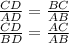 \frac{CD}{AD} = \frac{BC}{AB} \\
 \frac{CD}{BD} = \frac{AC}{AB}