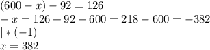 (600-x)-92=126 \\ 
-x=126+92-600=218-600=-382 \\ 
|*(-1) \\ 
x=382 \\