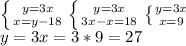 \left \{ {{y=3x} \atop {x=y-18}} \right. \left \{ {{y=3x} \atop {3x-x=18}} \right. \left \{ {{y=3x} \atop {x=9}} \right. 
 \\ y=3x=3*9=27