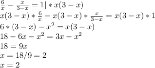 \frac{6}{x} - \frac{x}{3-x} =1|*x(3-x)\\ x(3-x)* \frac{6}{x} -x(3-x)*\frac{x}{3-x} =x(3-x)*1 \\ 6*(3-x)- x^{2} =x(3-x) \\ 18-6x- x^{2} =3x- x^{2} \\ 18=9x \\ x=18/9=2 \\ x=2
