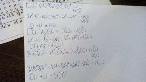 Составить реакцию ионного обмена 1)оксид калия и фосфорная кислота 2)хлорид лития и нитрат серебра 3