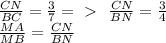 \frac{CN}{BC} = \frac{3}{7} =\ \textgreater \ \ \frac{CN}{BN} = \frac{3}{4} \\
 \frac{MA}{MB} = \frac{CN}{BN}