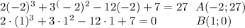 2(-2)^3+3^(-2)^2-12(-2)+7=27 \ \ A(-2; 27)\\
2 \cdot (1)^3+3 \cdot 1^2-12 \cdot 1+7=0\ \ \ \ \ \ \ \ \ \ B(1;0)