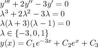 y'''+2y''-3y'=0\\
\lambda^3+2\lambda^2-3\lambda=0\\
\lambda(\lambda+3)(\lambda-1)=0\\
\lambda\in\{-3,0,1\}\\
y(x)=C_1e^{-3x}+C_2e^x+C_3