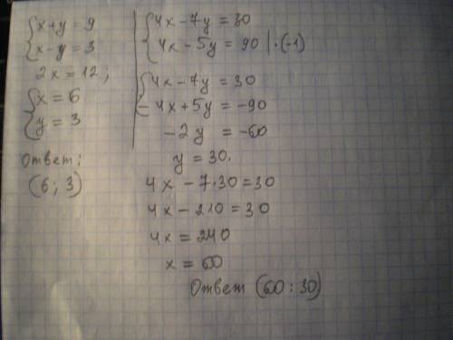 Решите систему уравнений методом сложения (фигурная скобка) х+у=9; х-у=3 (фигурная скобка) 4х-7у=30;