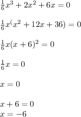 \frac{1}{6}x^3+2x^2+6x=0\\\\
 \frac{1}{6}x^( x^2+12x+36)=0\\\\
 \frac{1}{6}x(x+6)^2=0\\\\
 \frac{1}{6}x=0\\\\ x=0\\\\
x+6=0 \\x=-6