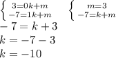 \left \{ {{3=0k+m} \atop {-7=1k+m}} \right. \ \ \ \left \{ {{m=3} \atop {-7=k+m}} \right. \\
-7=k+3\\
k=-7-3\\
k=-10