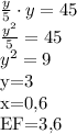 \frac{y}{5}\cdot y=45\\ \frac{y^2}{5}=45\\y^2=9

y=3\\x=0,6\\EF=3,6