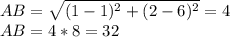 AB= \sqrt{(1-1)^2+(2-6)^2} = 4 \\ 
 AB=4*8=32