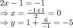 2x-1=-1
\\\
\Rightarrow x= \frac{-1+1}{2} =0
\\\
\Rightarrow y=1+ \frac{6}{-1} =-5