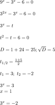 9^x-3^x-6=0\\\\
3^{2x}-3^x-6=0\\\\
3^x=t\\\\
t^2-t-6=0\\\\
D=1+24=25; \sqrt{D}=5\\\\
t_{1/2}= \frac{1\pm5}{2}\\\\
t_1=3; \ t_2=-2\\\\
3^x=3\\
x=1\\\\
3^x=-2