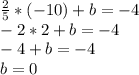 \frac{2}{5}*(-10)+b=-4 \\ 
-2*2+b=-4 \\ -4+b=-4 \\ b=0