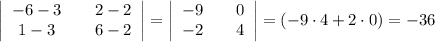 \left|\begin{array}{ccc}-6-3&&2-2\\ 1-3&& 6-2\end{array}\right|=\left|\begin{array}{ccc}-9&& 0\\ -2&& 4\end{array}\right|=\left(-9\cdot 4+2\cdot 0)=-36