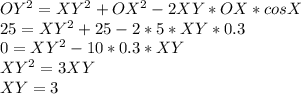 OY^2=XY^2+OX^2-2XY*OX*cosX \\ 25=XY^2+25-2*5*XY*0.3 \\ 0=XY^2-10*0.3*XY \\ XY^2=3XY \\ XY=3
