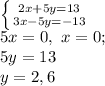 \left \{ {{2x+5y=13} \atop {3x-5y=-13}} \right. \\
5x = 0, \ x = 0; \\
5y = 13 \\
y = 2,6 \\
