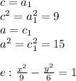 c=a_1\\
c^2=a_1^2=9\\
a=c_1\\
a^2=c_1^2=15\\ \\
e: \frac{x^2}{9} - \frac{y^2}{6} =1 \\\\