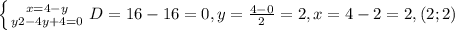 \left \{ {{x=4-y} \atop {y2-4y+4=0}} \right. D=16-16=0,y= \frac{4-0}{2}=2, x=4-2=2,
(2;2)